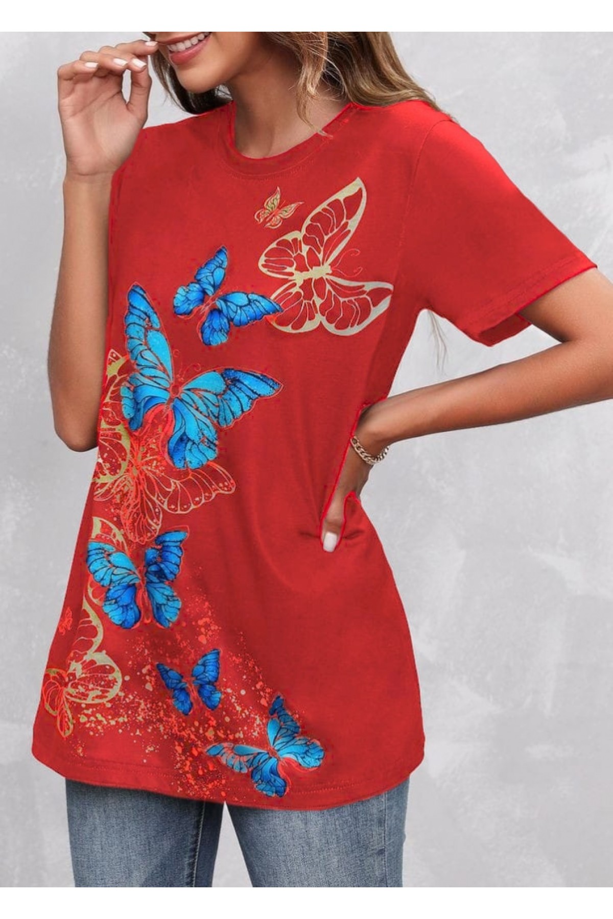 Women's Short Sleeve Blue Yellow Butterfly Printed Jersey Blouse, 23800